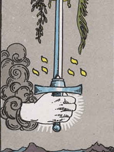 Tarot karta As meči — pokončno