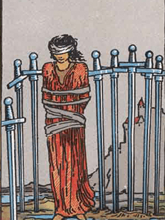 Tarot karta Osmica meči — pokončno