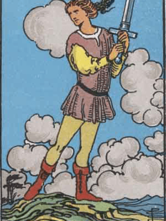 Tarot karta Paž meči — pokončno