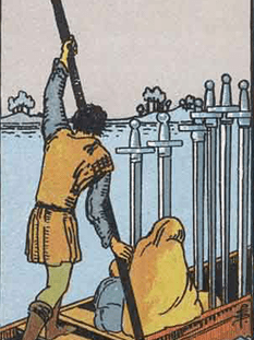 Tarot karta Šestica meči — pokončno