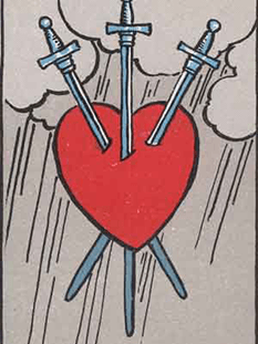 Tarot karta Trojka meči — pokončno