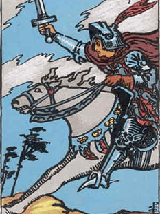 Tarot karta Vitez meči — pokončno