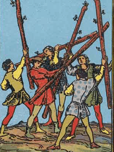 Tarot karta Petica palice — pokončno