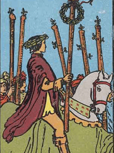 Tarot karta Šestica palice — pokončno
