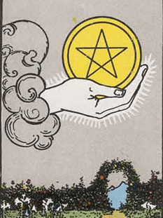 Tarot karta As pentakli — pokončno