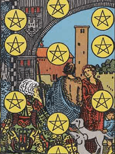 Tarot karta Desetica pentakli — pokončno