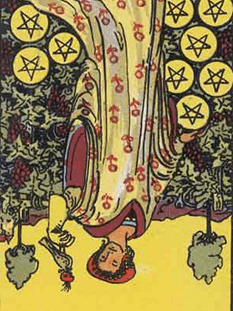 Tarot karta Devetica pentakli — obrnjeno