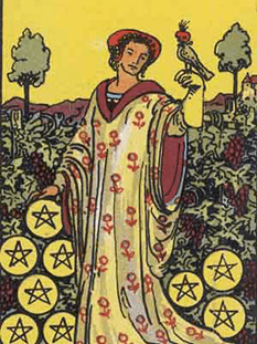 Tarot karta Devetica pentakli — pokončno