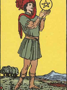 Tarot karta Paž pentakli — pokončno