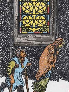 Tarot karta Petica pentakli — pokončno