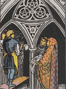 Tarot karta Trojka pentakli — pokončno