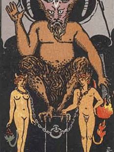 Tarot karta Hudič — pokončno