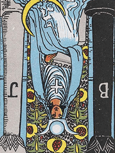 Tarot karta Visoka svečenica — obrnjeno